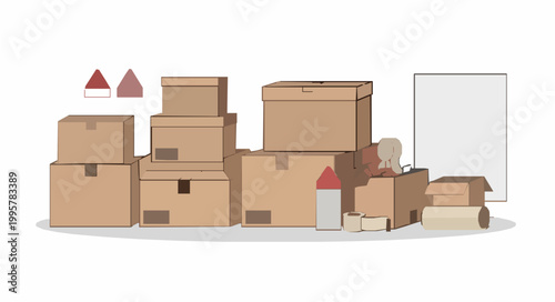 Stacked Cardboard Boxes and Shipping Parcels Collection Minimalist Flat Illustration for Logistics Moving House Storage Inventory and E-commerce Warehouse Designs, 19 words.
