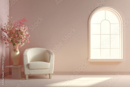 A soft cream armchair sits beside a vase of pink flowers.