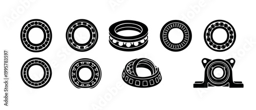Ball Bearing Icons Set, Industrial Mechanical Machine Parts Vector, Metal Rolling Bearings Collection for Engineering Design, Technical Automotive Components Silhouettes, Round Steel Hardware Symbols