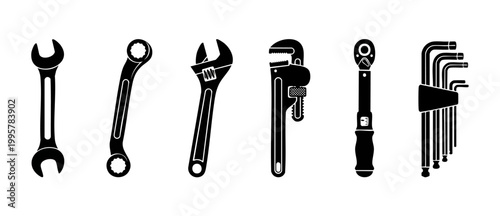 Wrench and Spanner Tool Set Collection, Industrial Repair Equipment Icon Vectors. Black flat style silhouettes of monkey wrenches, pipe wrench, ratchet, and hex keys for construction and mechanical wo