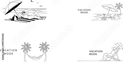 A collection of rough sketches depicting beach scenes tropical plants and handwritten text on a white background
