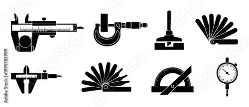 Precision Measuring Tools Icons Set - Calipers Micrometer Feeler Gauge Protractor for Engineering, Industrial Inspection, Quality Control, Manufacturing, Mechanical Metrology and Technical Blueprint A