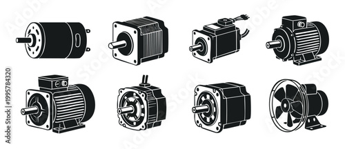 Electric Motor Types Collection Set: Industrial Engineering Components, Stepper Motors, AC DC Drives, Machinery Parts, Robotic Actuators, Manufacturing Technology Equipment, Vector Icon Graphic Illust