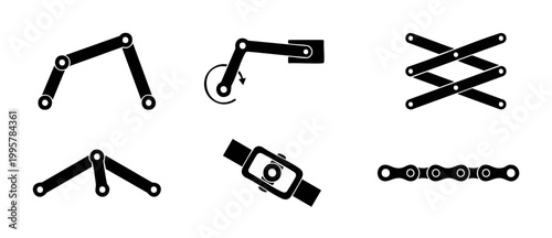 Mechanical Linkage Mechanism Icons Set, Robotic Arm and Industrial Joint Systems, Vector Engineering Components for Automation Design, Technical Motion Parts Collection with Scissor Lift and Drive Cha