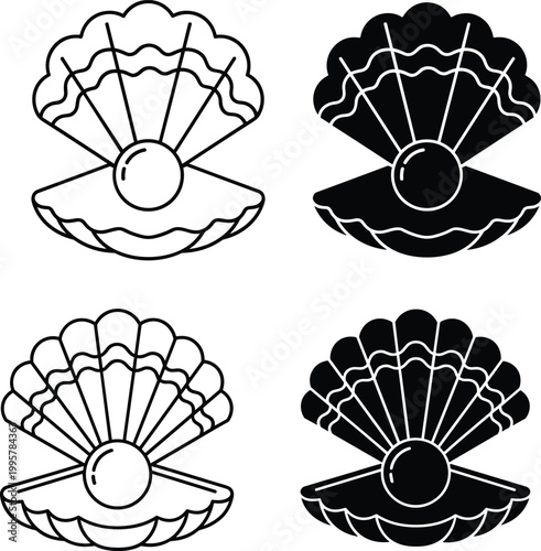 Stylized black and white clamshell illustrations with pearls inside arranged in grid for abstract sea life and decorative artwork