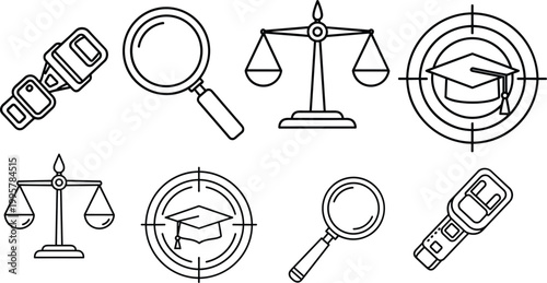 Stylized black and white icons featuring seatbelt, magnifying glass, balance scale, and graduation cap arranged in abstract conceptual design