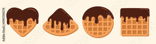 Hand drawn heart shaped waffles drizzled with liquid chocolate syrup, glaze, ice cream isolated on white background. Element for International Waffle day. Vector EPS10
