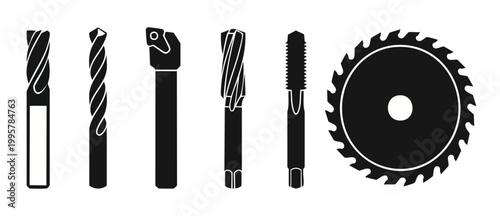 Industrial Cutting Tools Set, Metal Drilling and Milling Bits, Circular Saw Blade, Professional Engineering Equipment for Manufacturing and Construction Work on White Background, Simple Graphic Silhou