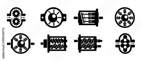 Mechanical Engineering Engine Parts Icons Set, Industrial Machine Components, Hydraulic Pump And Piston Mechanism Diagrams, Technical Gear Symbols, Automotive Motor Systems Vector Graphic For Schemati