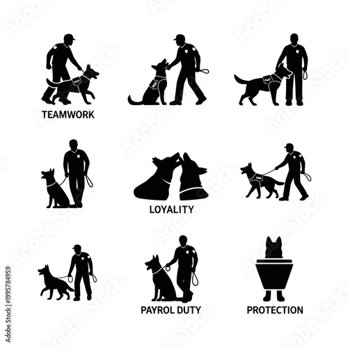 Police Dog Handler Silhouette Icon Set: Teamwork, Loyalty, Protection, Patrol Duty