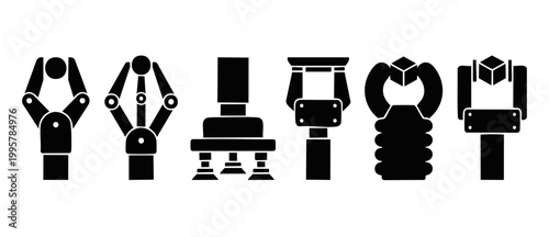 Robotic arm grippers set, industrial machine end effector icons, automated manufacturing technology, assembly line mechanical tools for factory logistics, minimalist vector silhouettes for technical d