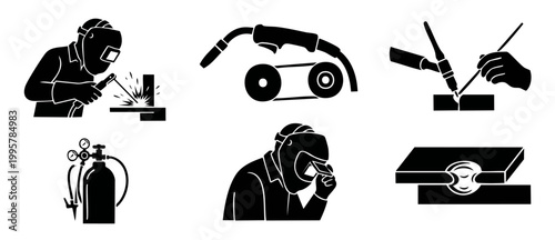 Welding icons set with welder, metal worker, welding torch, gas cylinder and equipment, black silhouette glyph symbols for manufacturing, industrial construction and metalworking engineering process.