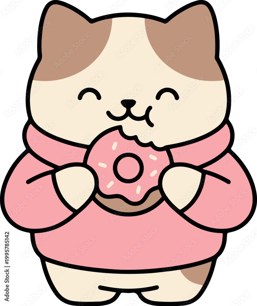 Obraz premium Kawaii Calico Cat Eating Pink Glazed Donut, Cute Chubby Kitten in Pink Sweater Snack Time Illustration, Aesthetic Pastel Animal Sticker 