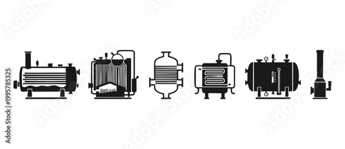 Industrial Boiler Heat Exchanger Set, Steam Generator System Icons, Chemical Process Engineering Equipment Vector Illustration for Factory Plant Layout and Technical Plant Design Infrastructure Compon