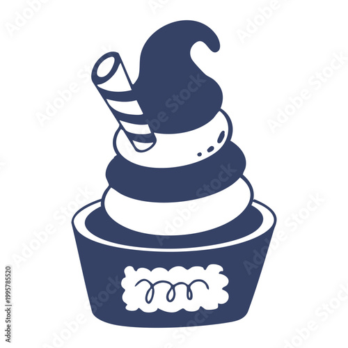 Whipped ice cream dessert in a cup with a striped wafer roll. Hand drawn mediterranean aesthetic style.