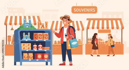Man in Hat Shopping for Souvenirs at Market Stall.