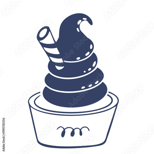 Dark swirled ice cream in a tub decorated with a wafer stick. Minimalist vector doodle for stickers.
