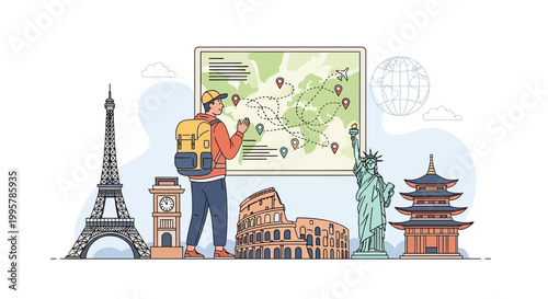 Man Planning World Travel Adventure with Famous Landmarks.