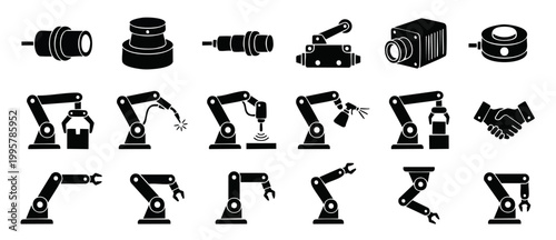 Industrial Robotic Arm Icon Set for Automation Technology and Manufacturing Processes - Vector Collection of Mechanical Engineering Equipment, Sensors, Precision Components, and Factory Production Too