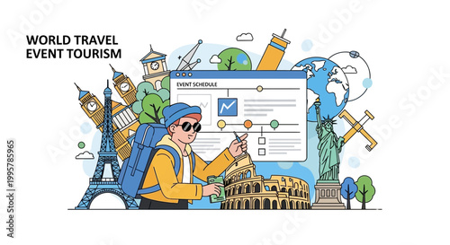 Man planning world travel event tourism with landmarks.