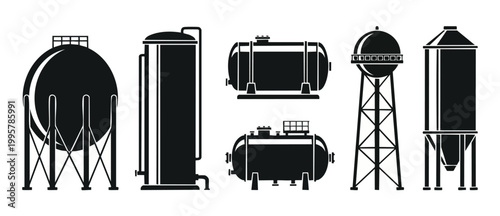 Industrial Storage Tank Icons Set, Chemical Oil Gas Containers and Water Towers for Engineering Infrastructure Projects, Flat Black Vector Illustrations isolated on White Background for Technical Blue