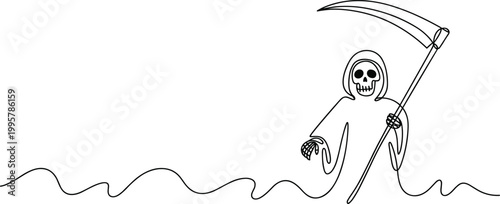 Continuous single line drawing of a grim reaper holding a sharp scythe