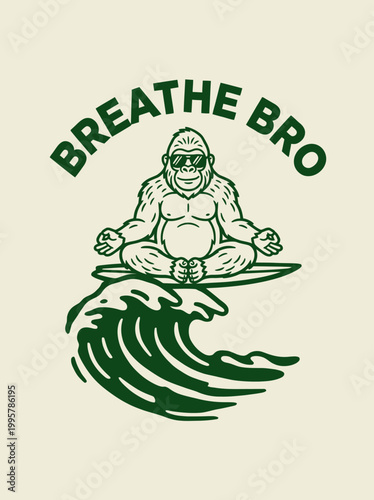 Gorilla meditates on a surfboard peacefully.