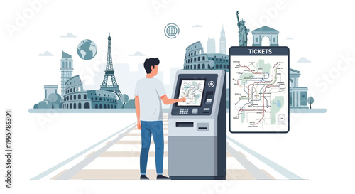 Man using modern ticket vending machine for travel purchases.