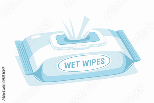 Blue and white wet wipes package with opened lid displaying a tissue