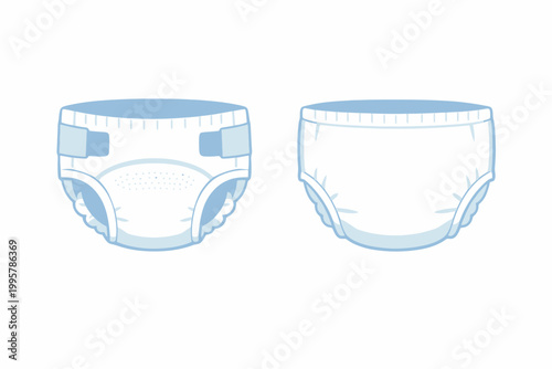 Front and back view of baby diapers with blue accents on white background