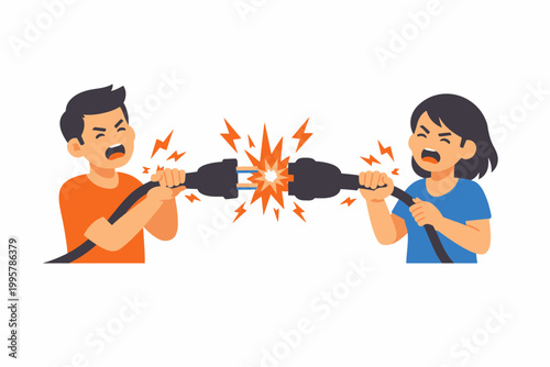 Cartoon conflict between angry male and female characters over electrical plugs