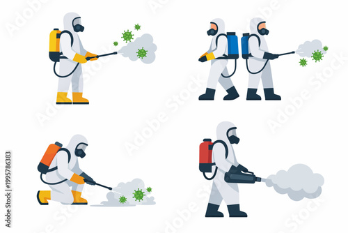 Hazmat suit workers disinfecting virus with sprayers