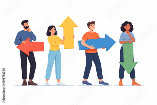 Diverse group holding arrows: caucasian and african descent adults with directional signs