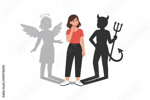 Young caucasian female contemplating choices with angel and devil shadows