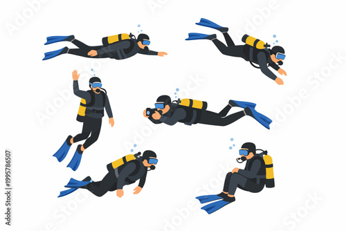 Diverse male and female scuba divers in action underwater exploration