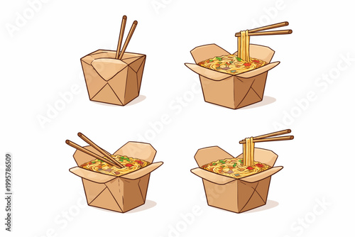 Cartoon takeout boxes with noodles and chopsticks in various angles