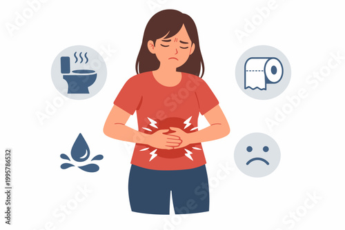 Young female experiencing stomach pain with bathroom and sadness icons
