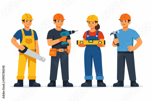 Diverse group of young caucasian and hispanic adults in construction gear with tools