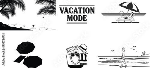 Vacation mode a black and white montage of tropical relaxation and seaside leisure activities