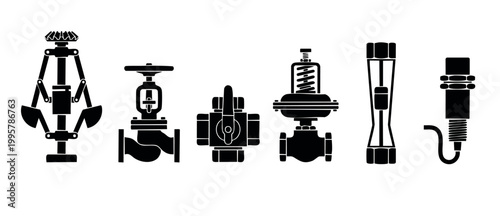 Industrial Valve Icons Set, Mechanical Control Components for Pipeline Systems. Engineering hardware collection featuring ball valves, sensors, and flow regulators in a minimalist black vector silhoue