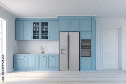 Light blue kitchen cabinets and appliances create a modern, clean aesthetic.