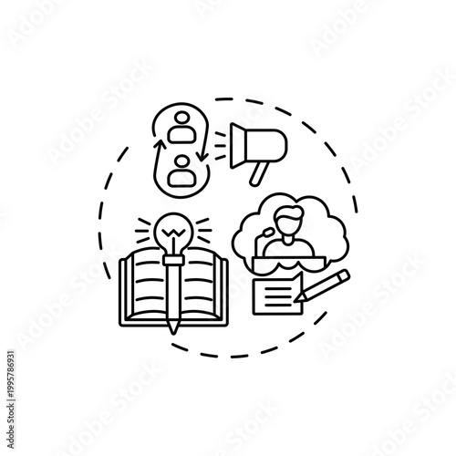 Tell story concept icon. Leader speaking motivational information idea thin line illustration. Coaching talking to audience. Mentoring and mentorship. Vector isolated outline RGB color drawing