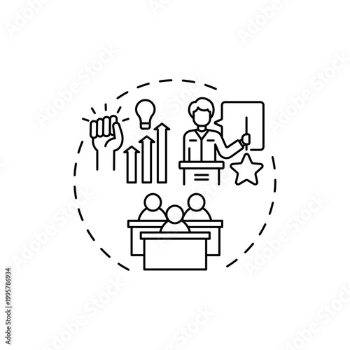 Public speeches concept icon. Coaching and motivation idea thin line illustration. Inspirational information for visitors of webinars. Meeting with coach. Vector isolated outline RGB color drawing