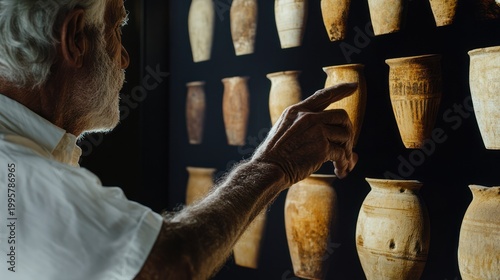 Senior man with a white beard, examines ancient ceramic vases on a dark display