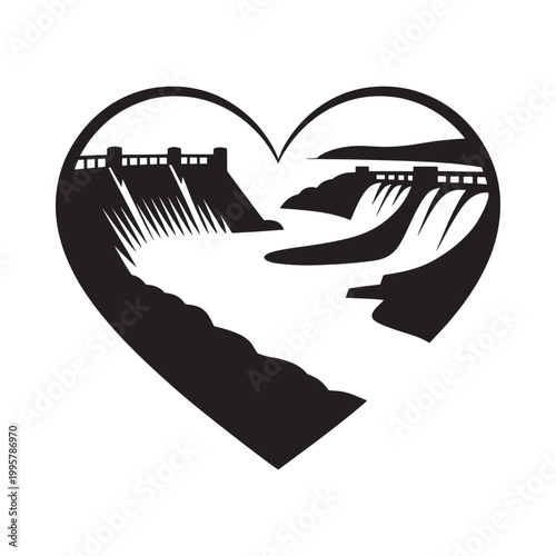 A black and white graphic depicts a hydroelectric dam within a heart shaped outline symbolizing power and love