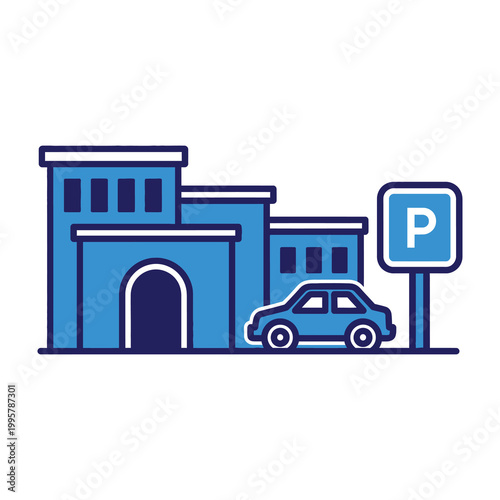 Blue parking building with car and sign