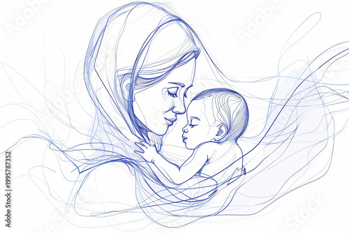 Mother holding newborn baby in continuous line art style motherhood concept