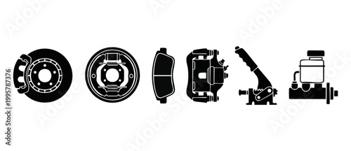 Car Brake System Parts Icon Set - Disc Rotor, Drum, Pad, Caliper, Handbrake and Master Cylinder Vector Illustration for Automotive Repair Shop Service Maintenance and Vehicle Mechanical Engineering De