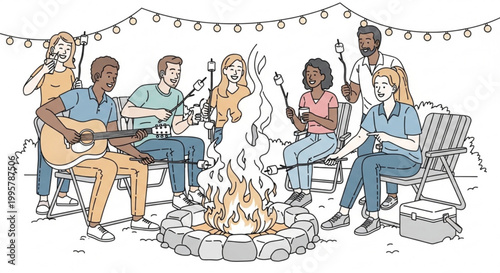 Friends gathered around campfire roasting marshmallows and playing guitar with string lights campfire gathering marshmallows roasting relaxation illustration together lighting backyard