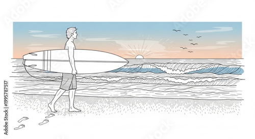Surfer walking on beach with surfboard at sunset with ocean waves line art golden hour surfboard activity vacation relaxation illustration landscape adventure lifestyle peaceful symbolic